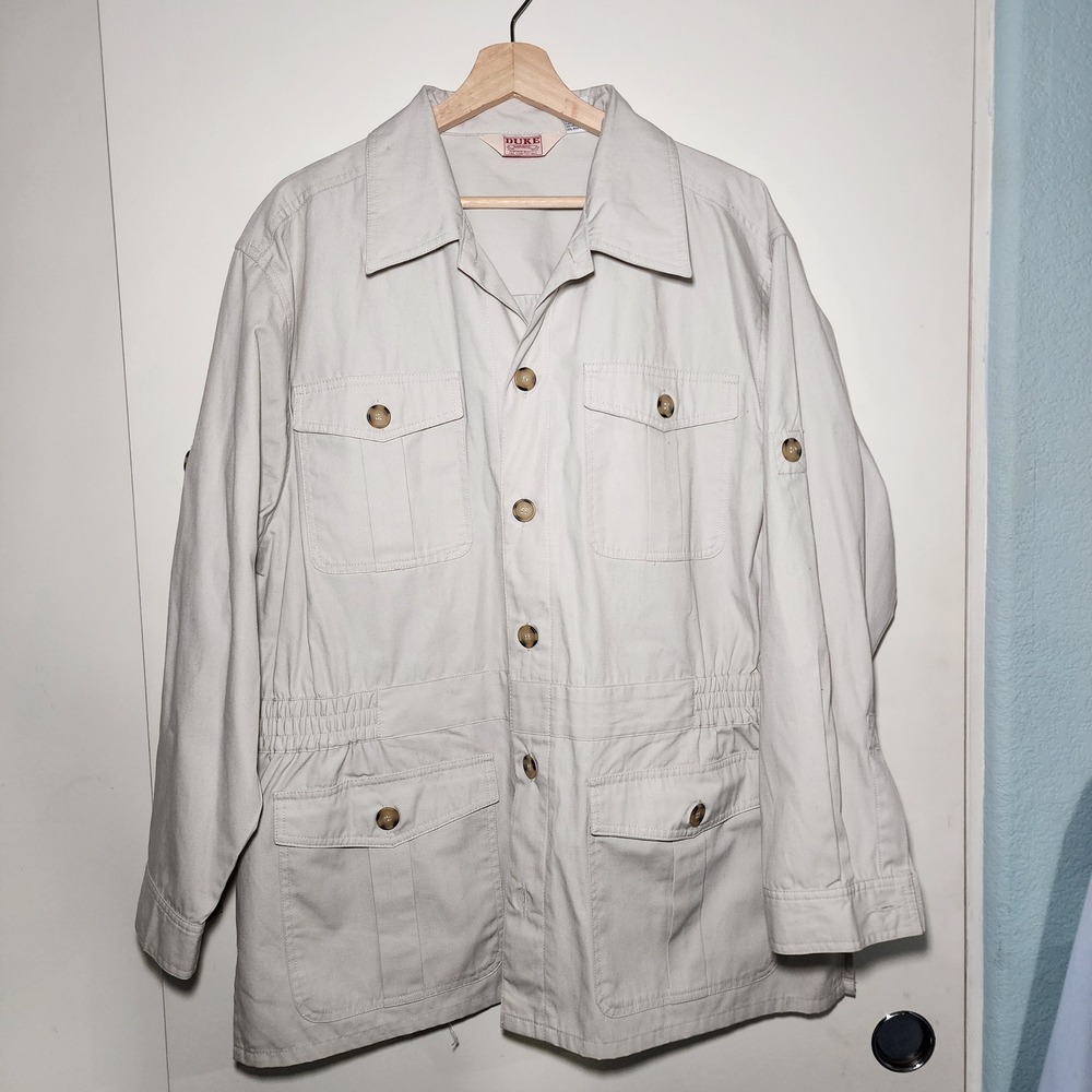 Duke Haband Mens Tan Khaki Safari Field Jacket Button Front Utility Coat Size L